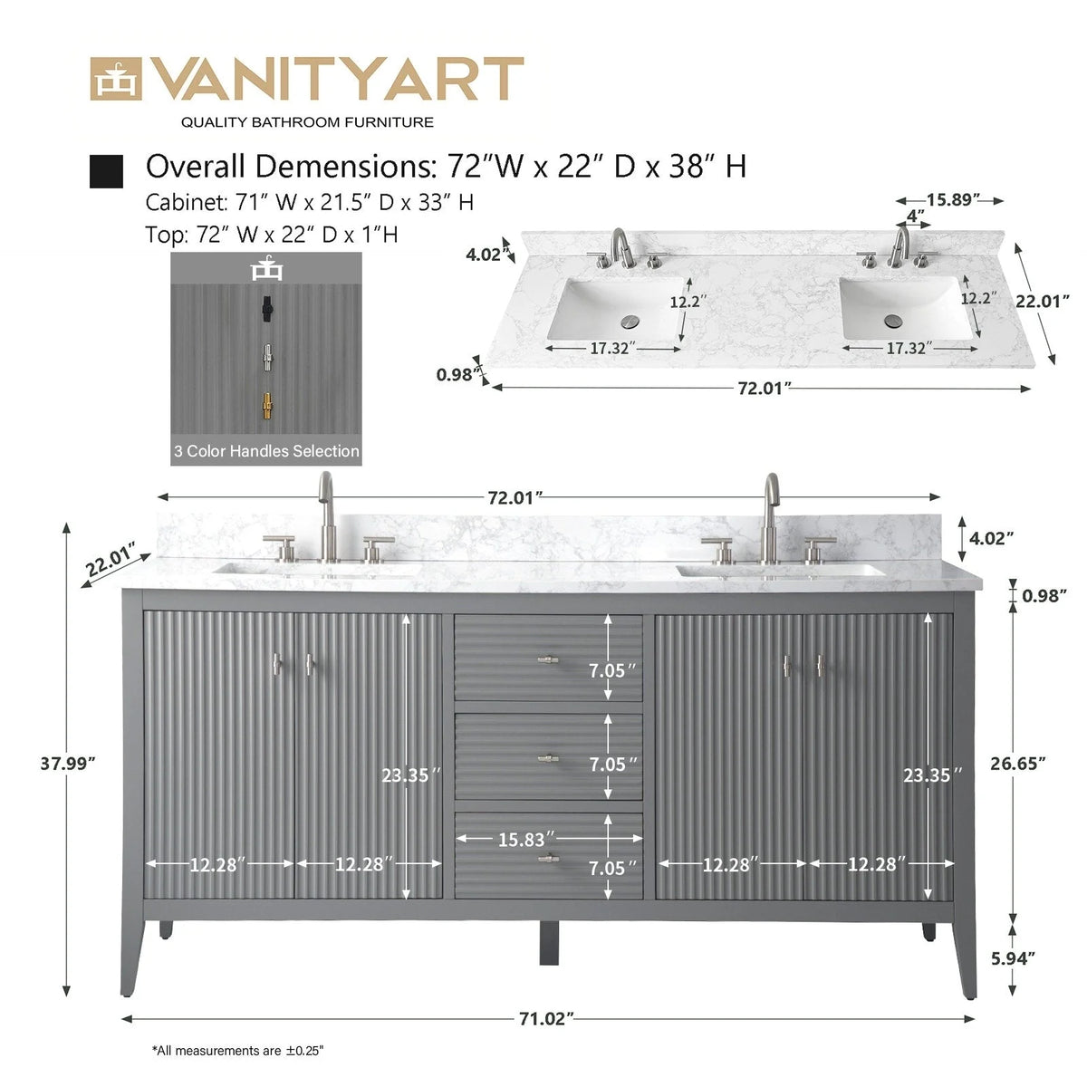 Mobile bagno Vanity Art 72 con doppio lavabo e piano in marmo composito