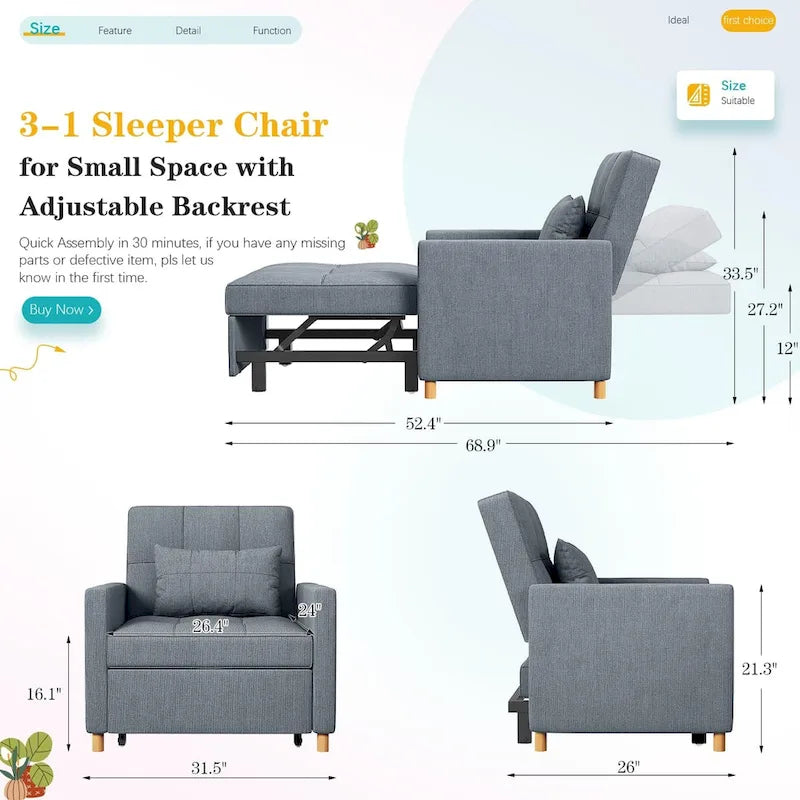 AECOJOY 3-in-1 slaapbankstoel met kussen en verstelbare rugleuning