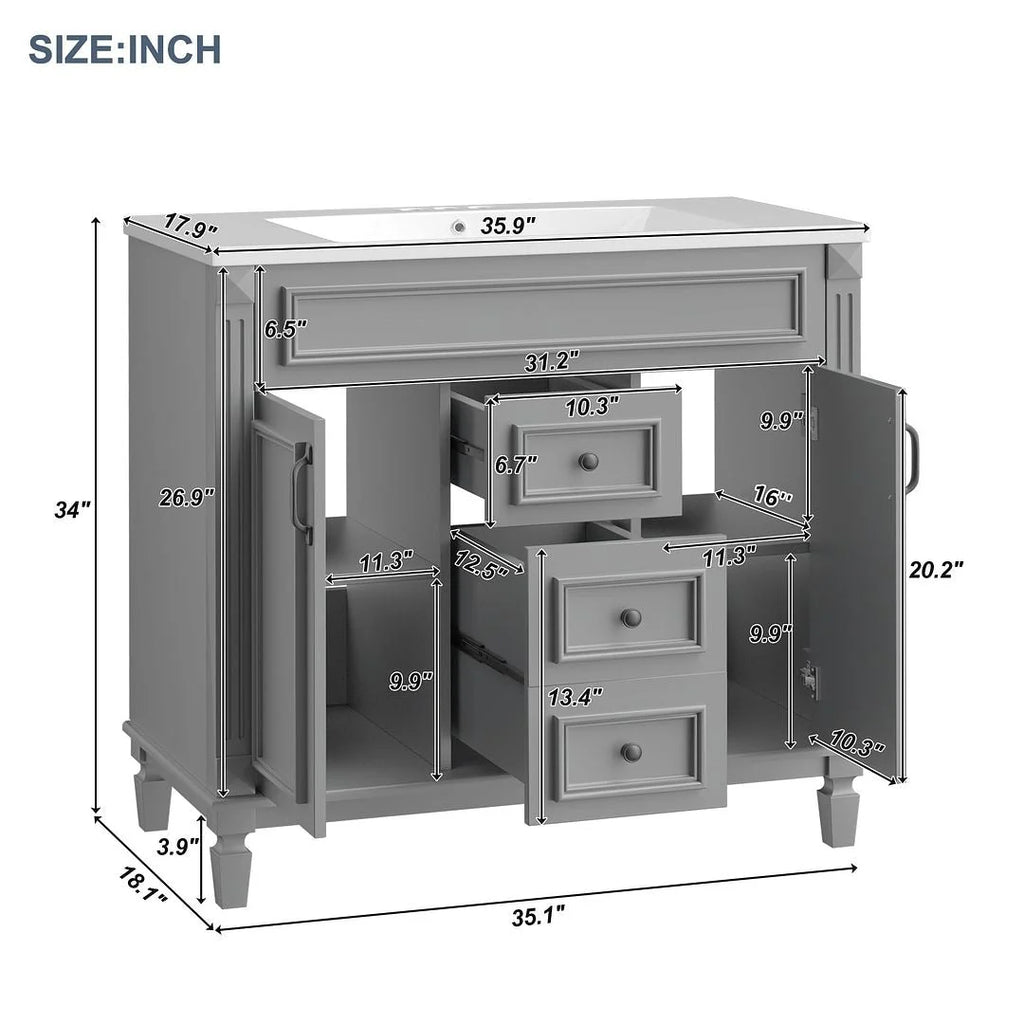 Moderne badkamermeubelset van 36 inch met wastafelblad, spiegelkast, 2 deuren en 2 laden