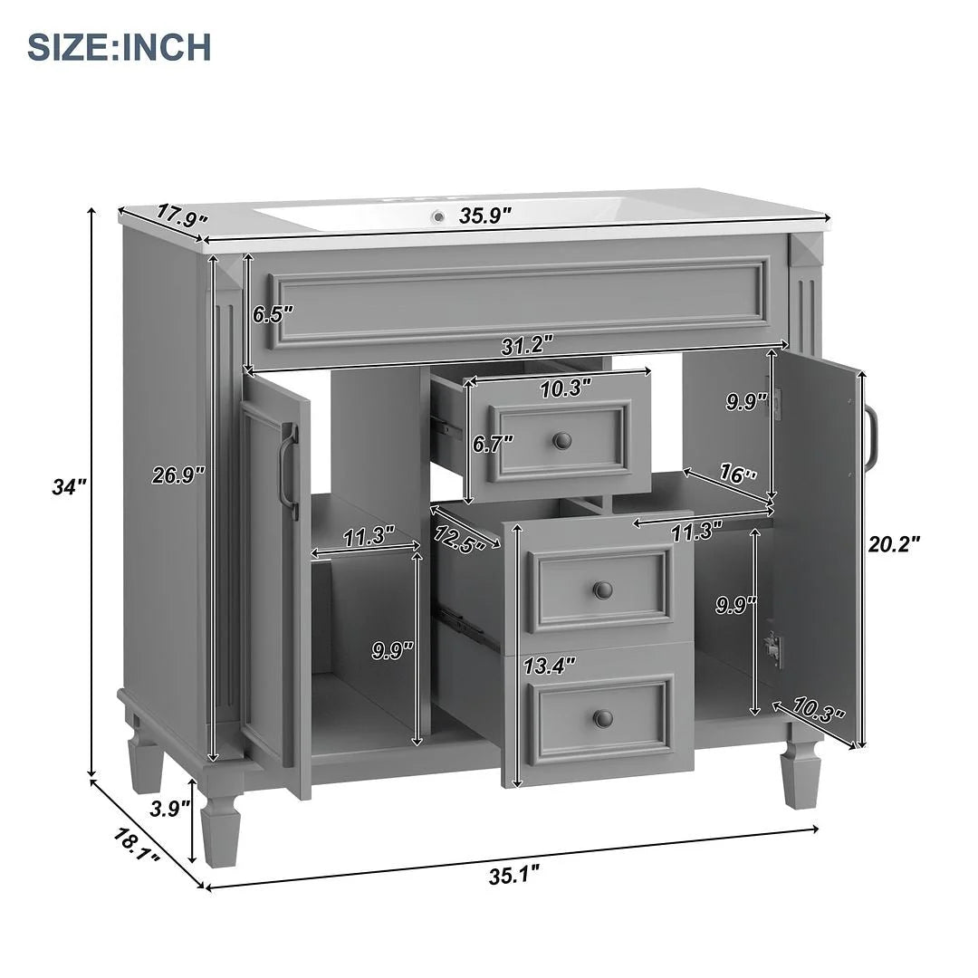 Moderne badkamermeubelset van 36 inch met wastafelblad, spiegelkast, 2 deuren en 2 laden