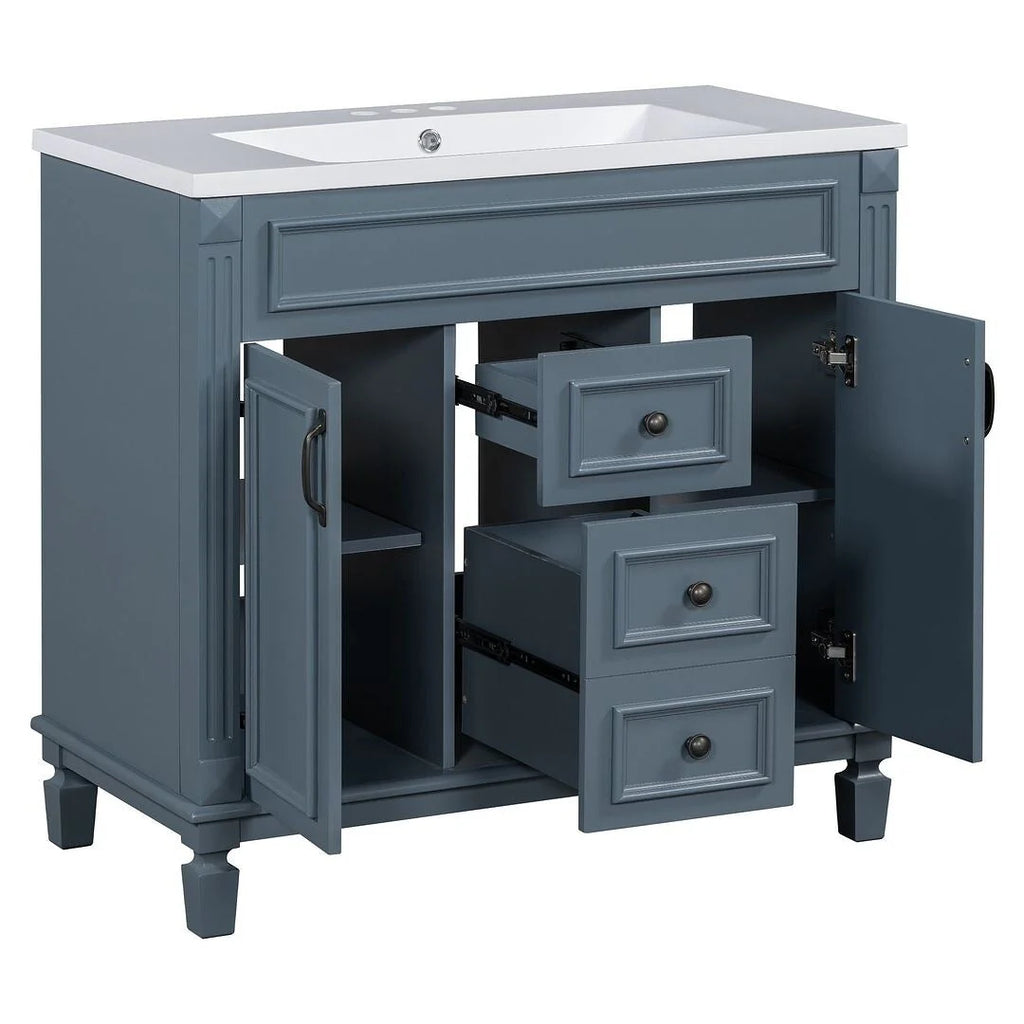 Moderne badkamermeubelset van 36 inch met wastafelblad, spiegelkast, 2 deuren en 2 laden