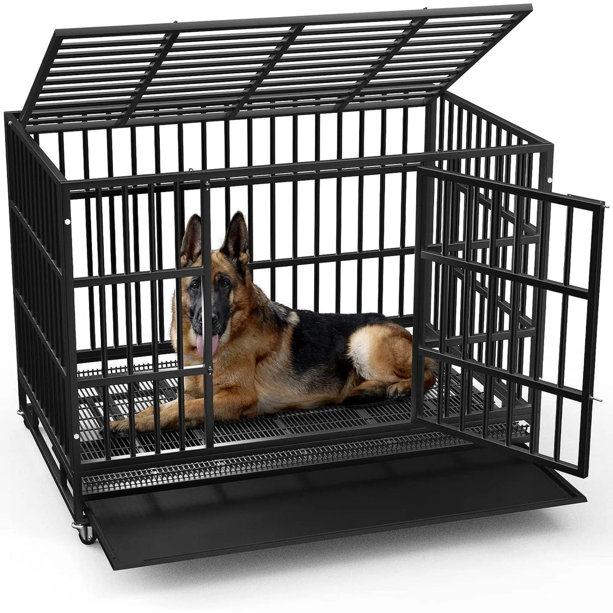 BOSSIN 48/38 inch Heavy Duty Indestructible Dog Crate, Escape Proof Dog Cage Kennel with Lockable Wheels