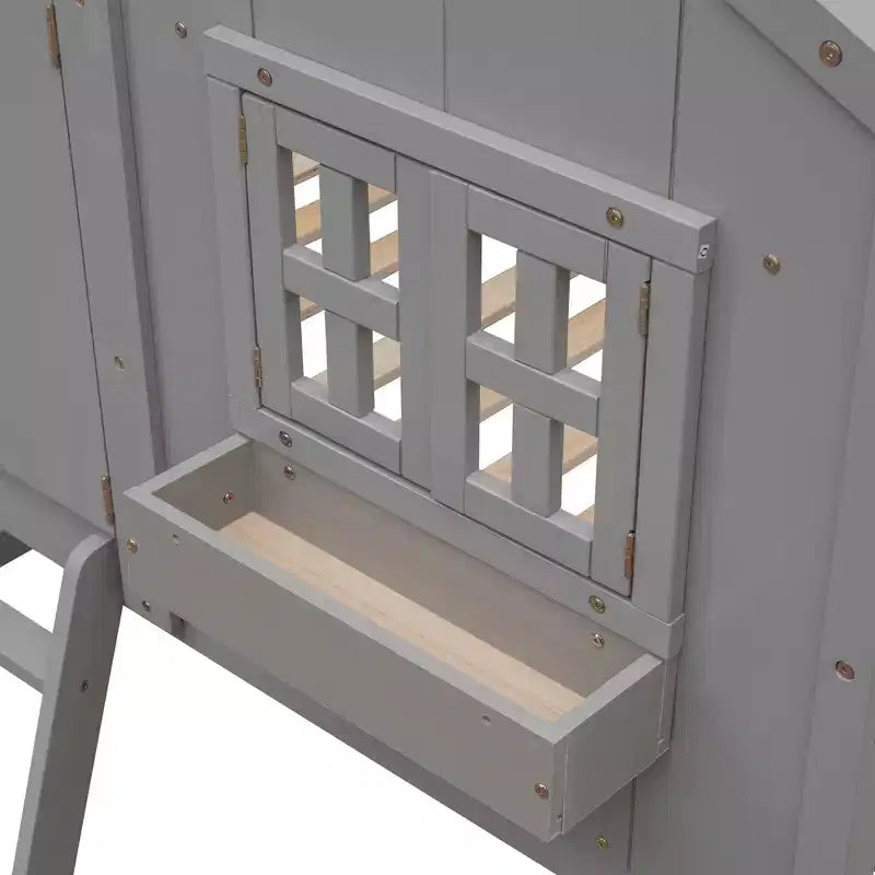 Cama alta de tamanho Twin em forma de casa, cama alta de madeira tipo casinha com escada e barreiras de proteção para crianças