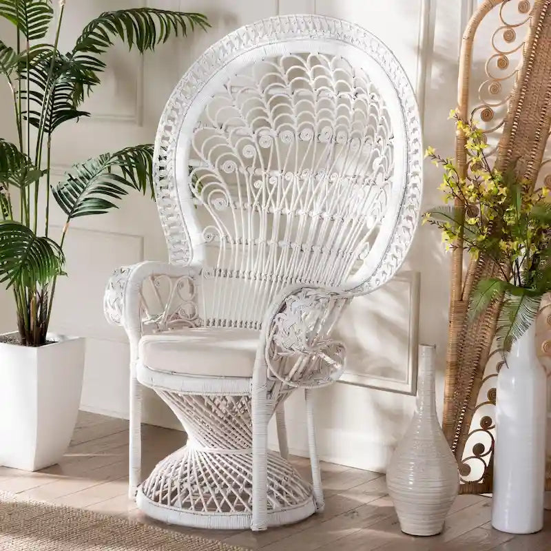 Chaise paon Kallima moderne bohème en rotin naturel blanc