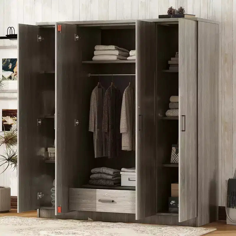Guarda-roupa de madeira com 4 portas, varão para cabides, 1 gaveta e prateleiras de arrumação