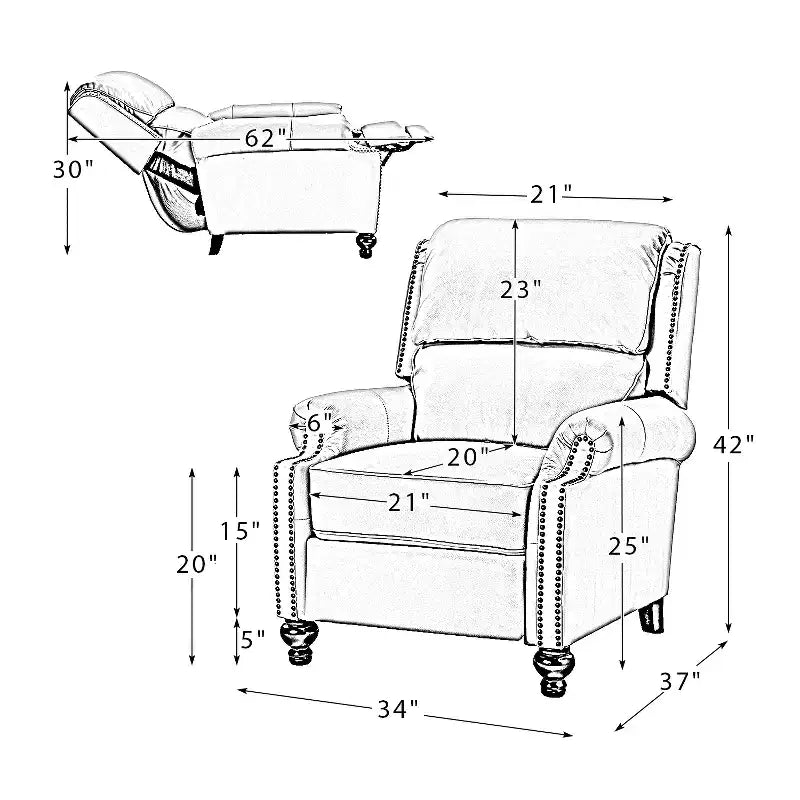 Conjunto de 2 cadeirões reclináveis Elisabete modernos, de costas altas, em pele genuína, com acabamento vintage de tachas, para sala de estar e quarto| ART OF LIVING DESIGNS