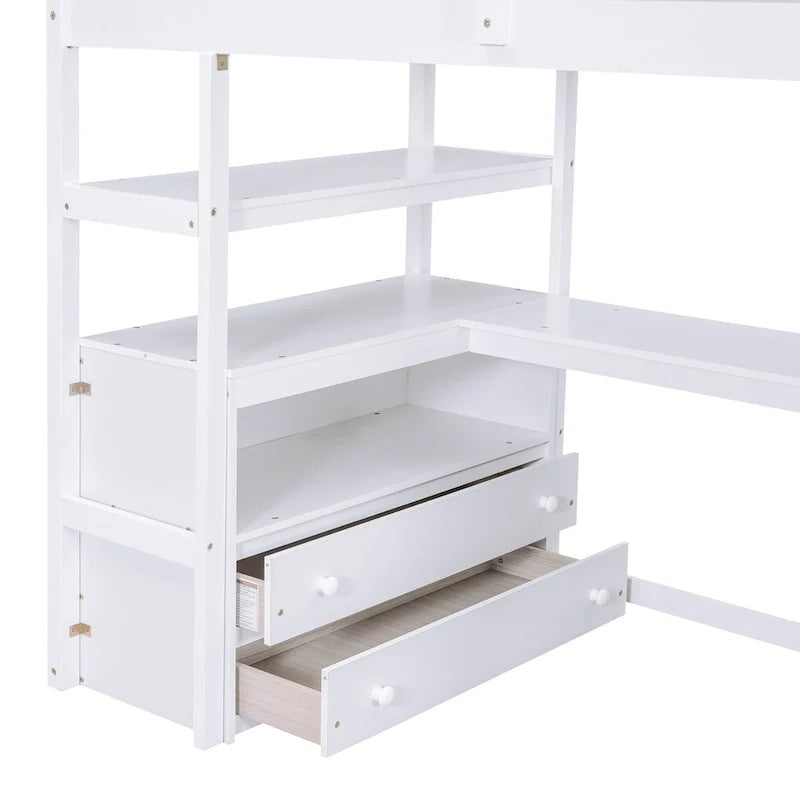 Cama alta Twin com secretária e prateleiras, duas gavetas incorporadas e escada com arrumação