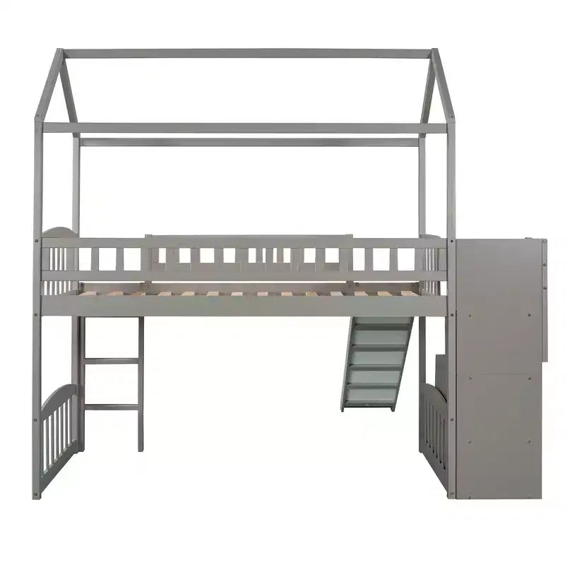 Cama alta tipo casa Twin com escorrega e escadas, cama alta com gavetas de arrumação, cama alta de madeira tipo cabana para crianças e bebés