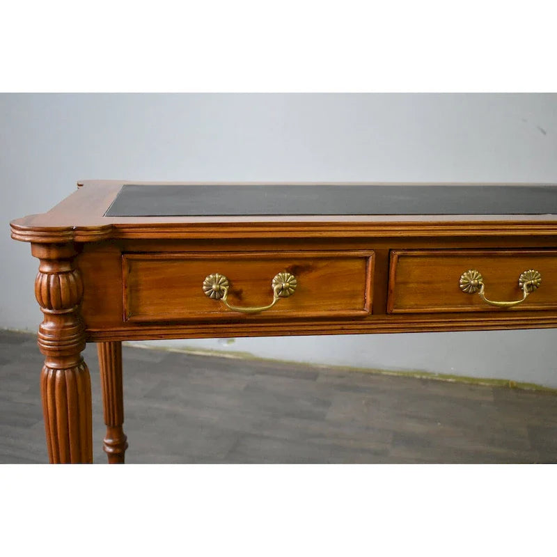 Scrivania in stile vittoriano in mogano massello marrone scuro / marrone chiaro con piano in pelle nera e 3 cassetti - Unità singola