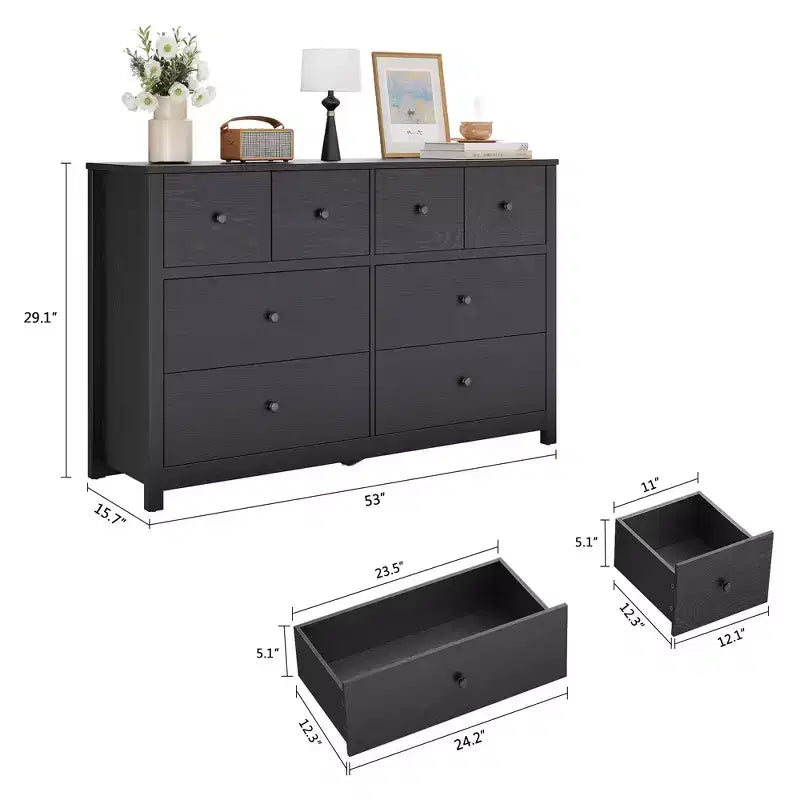 Moderne ladekast met 8 laden voor de slaapkamer, brede houten kast met diepe opbergruimte, vrijstaande organiserende kast voor de woonkamer