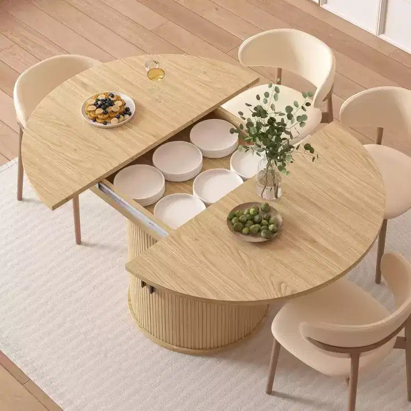 Mesa de cozinha e sala de jantar redonda extensível Dyonery 63 com prateleira de arrumação de 2 níveis, base pedestal, mobiliário de jantar em madeira oval circular, nogueira