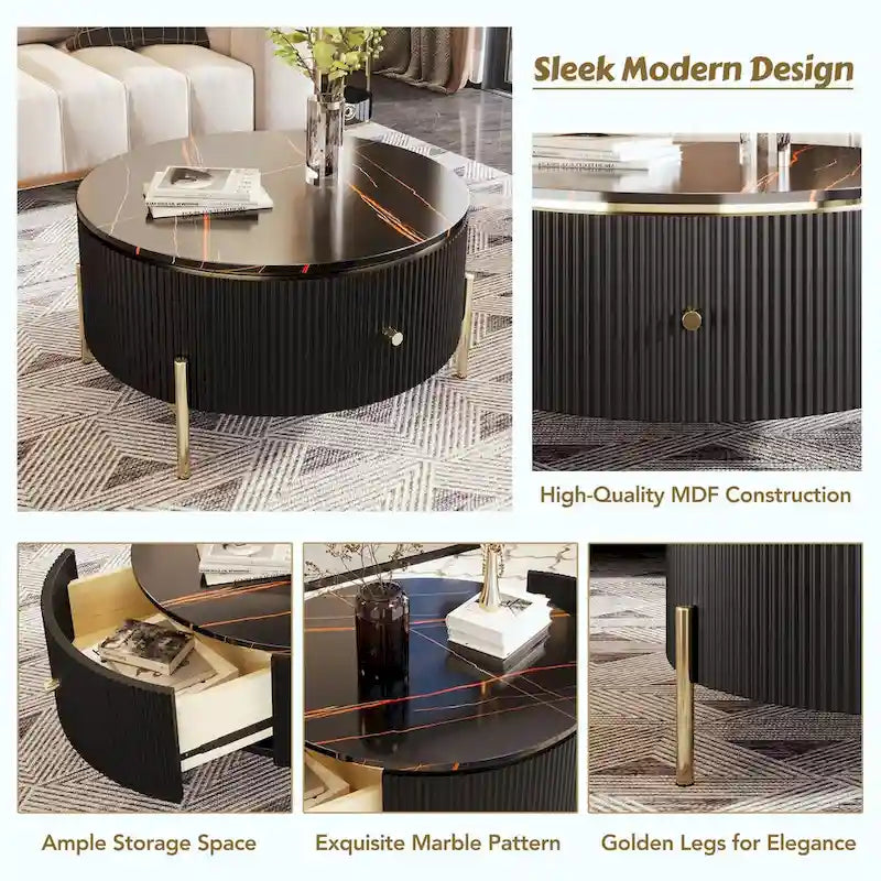 Table basse ronde moderne de 31,5 pouces avec grand espace de rangement dans le tiroir