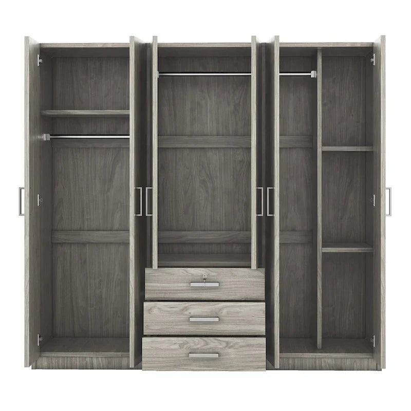 6-Doors Wooden Wardrobe Storage with 3 Big Drawers for Bedroom