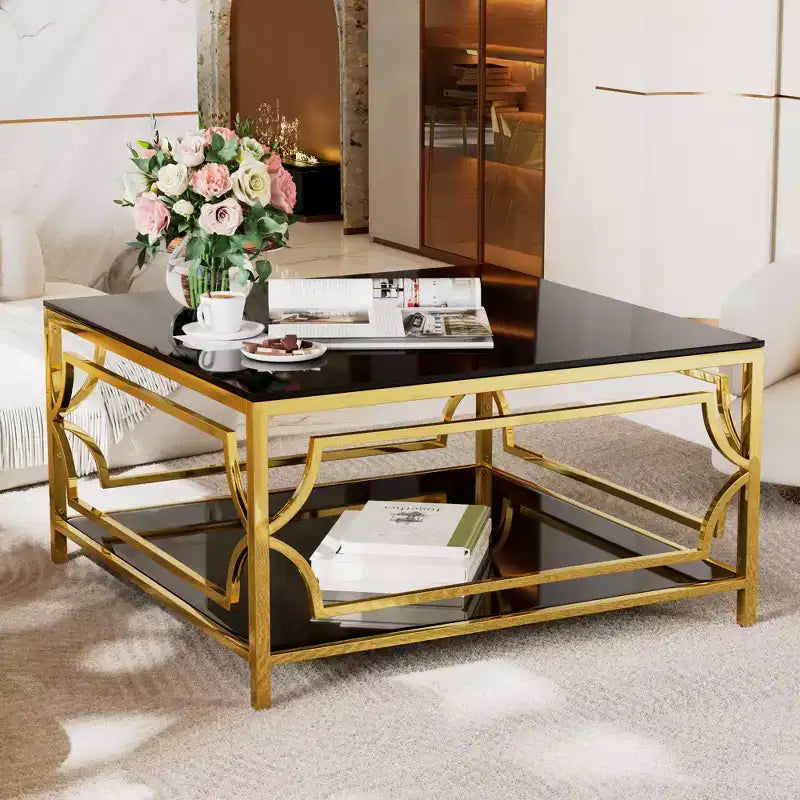 Mesa de centro quadrada Merax com tampo de vidro preto ou transparente e prateleira de exposição de dois níveis
