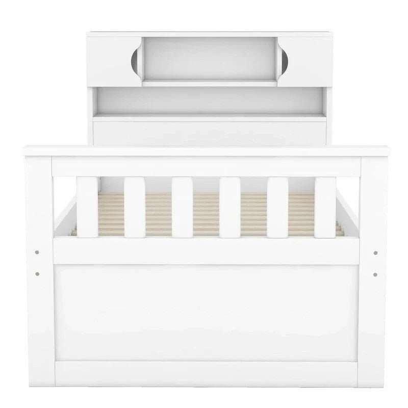Cama de plataforma tipo capitão Twin/Full com 4 gavetas e prateleiras de arrumação, estrutura de cama em madeira maciça com cabeceira-estante para arrumação