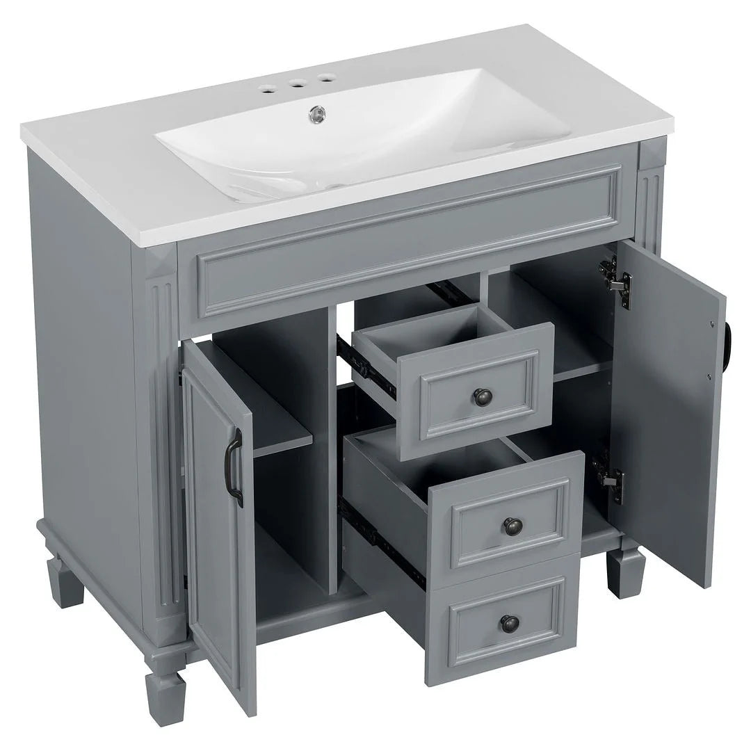 Moderne badkamermeubelset van 36 inch met wastafelblad, spiegelkast, 2 deuren en 2 laden