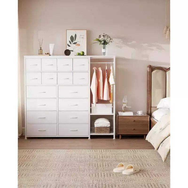 Cómoda com 16 gavetas, varão para pendurar roupa e prateleiras, organizador de arrumação em tecido para quarto, closet ou entrada