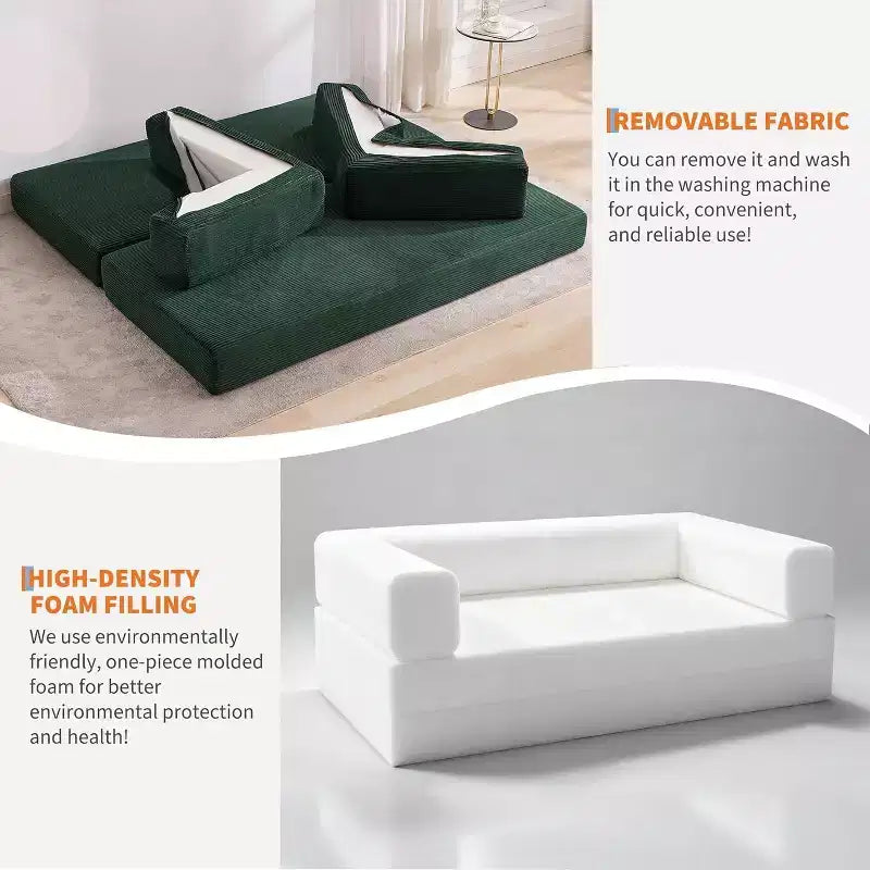 Sofá-cama de chão em bombazina com almofadas, braços e encosto convertíveis, adequado para salas de estar, quartos e apartamentos.