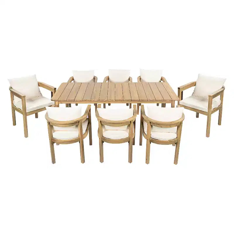 Conjunto de jantar rústico Irene da Christopher Knight Home com 9 peças, em madeira de acácia para exterior, cadeiras com encosto curvo e almofadas