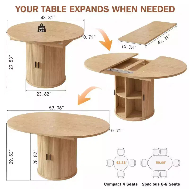 Mesa de cozinha e sala de jantar redonda extensível Dyonery 63 com prateleira de arrumação de 2 níveis, base pedestal, mobiliário de jantar em madeira oval circular, nogueira