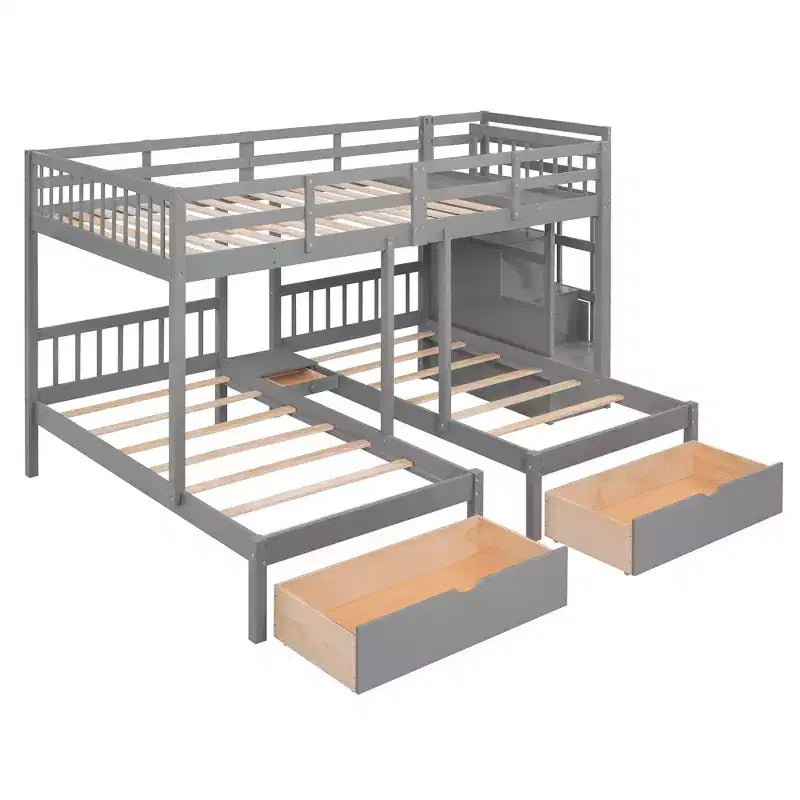 Cama em beliche Whisen Full sobre Twin & Twin, cama tripla de madeira com gavetas e guardas de proteção