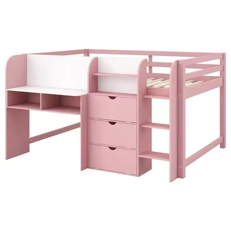 Lit mezzanine bas rose/blanc avec bureau, rangements et tableau blanc - 1 personne, 1 place