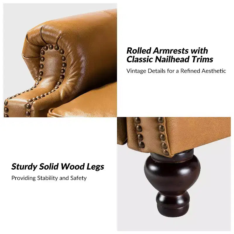 Conjunto de 2 cadeirões reclináveis Elisabete modernos, de costas altas, em pele genuína, com acabamento vintage de tachas, para sala de estar e quarto| ART OF LIVING DESIGNS