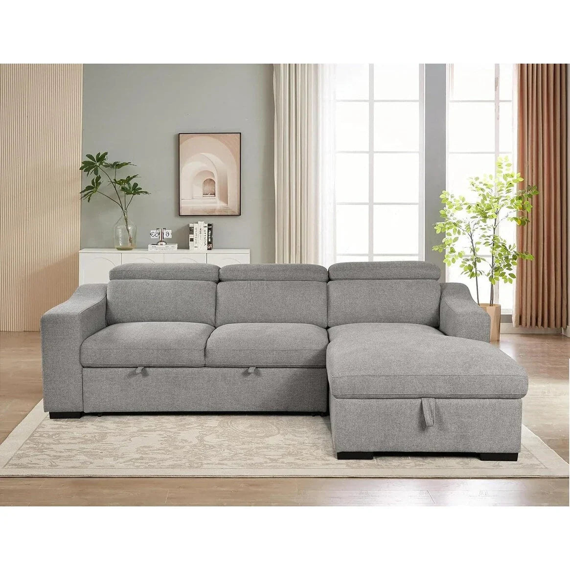 Sofá seccional convertível Roomfitters 103 com chaise longue com arrumação, apoios de cabeça ajustáveis, sofá-cama de canto em L