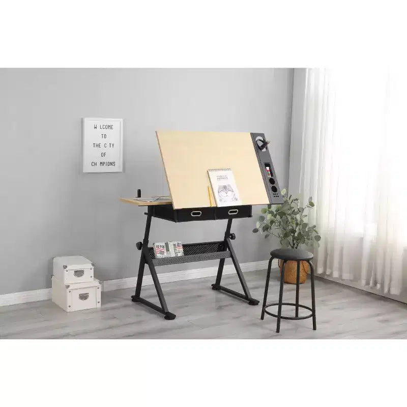 Table de dessin réglable en hauteur, table à dessin inclinable de 0 à 75°, bureau d’artiste pour adultes avec 2 tiroirs de rangement, avec tabouret