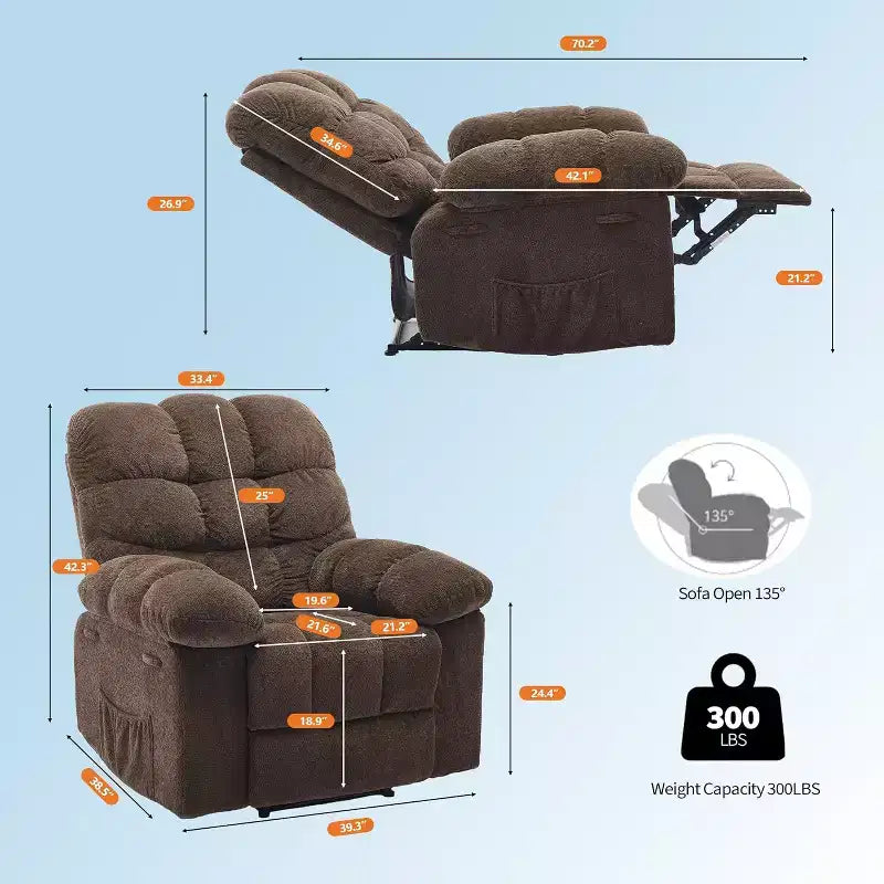 Cadeirão reclinável manual, com tecido ergonómico e respirável e bolsos laterais, sofá individual, adequado para a sala de estar ou o quarto