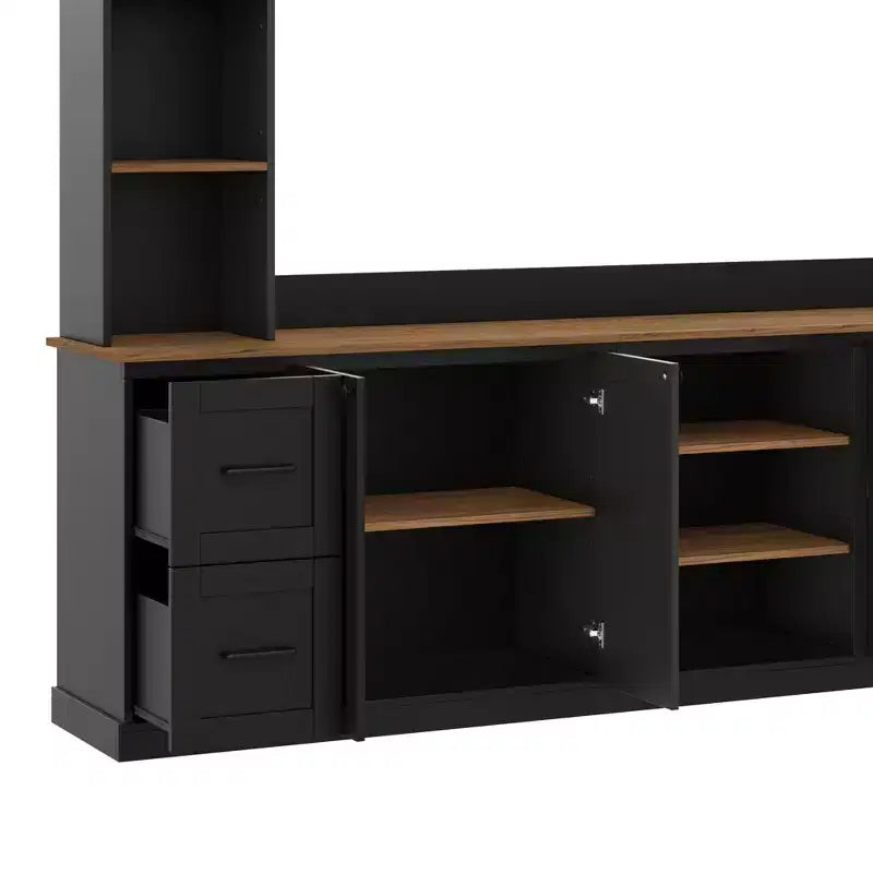 Unità a parete centro d'intrattenimento in stile rustico ModernLuxe 4-in-1, adatta a TV fino a 70, mobile TV e console multimediale con ripiani e cassetti regolabili