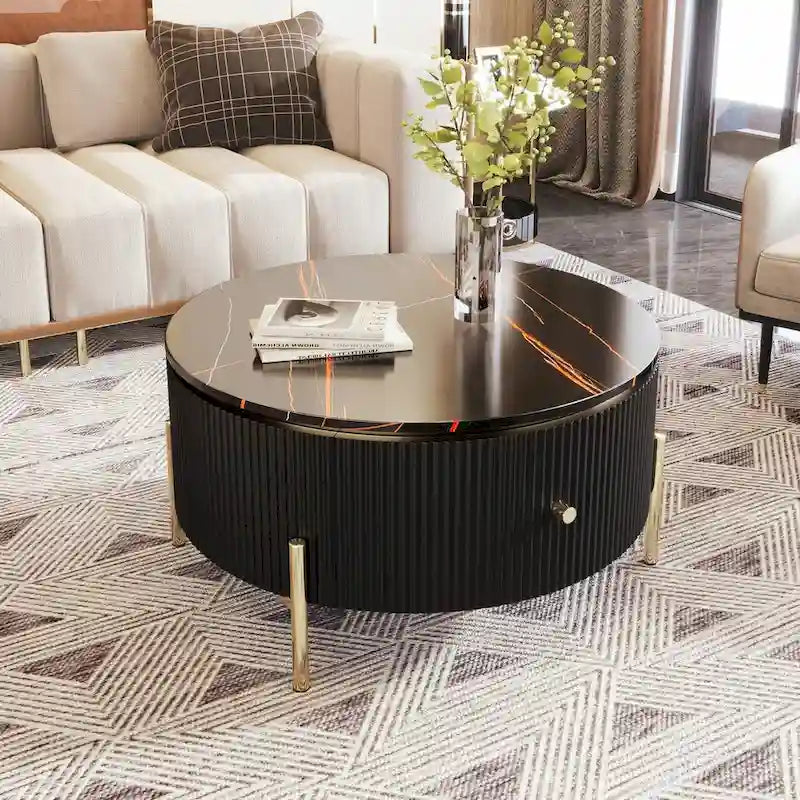 Table basse ronde moderne de 31,5 pouces avec grand espace de rangement dans le tiroir