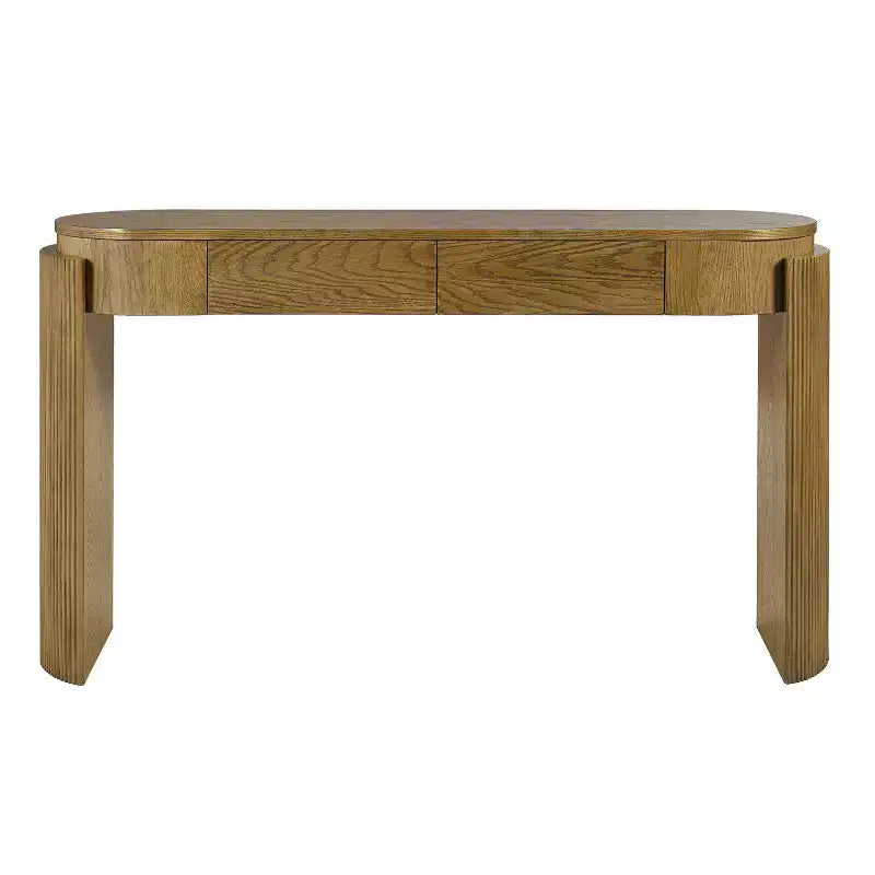 Mesa de consola moderna Merax com tampo oval e pernas curvas caneladas e duas gavetas ocultas