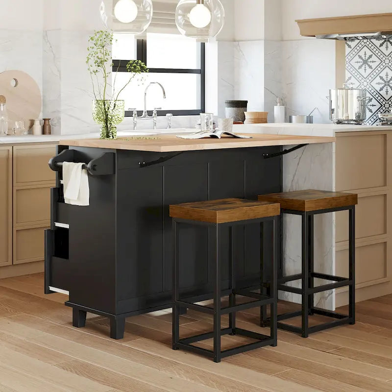 Conjunto de ilha de cozinha TOPMAX com aba rebatível e 2 lugares, conjunto de mesa de jantar com prateleira ajustável, gavetas e toalheiro