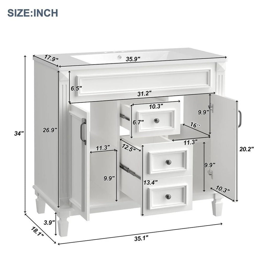 Moderne badkamermeubelset van 36 inch met wastafelblad, spiegelkast, 2 deuren en 2 laden