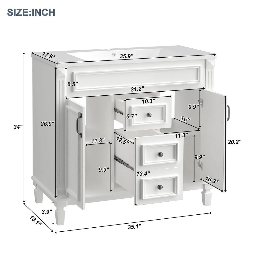Moderne badkamermeubelset van 36 inch met wastafelblad, spiegelkast, 2 deuren en 2 laden