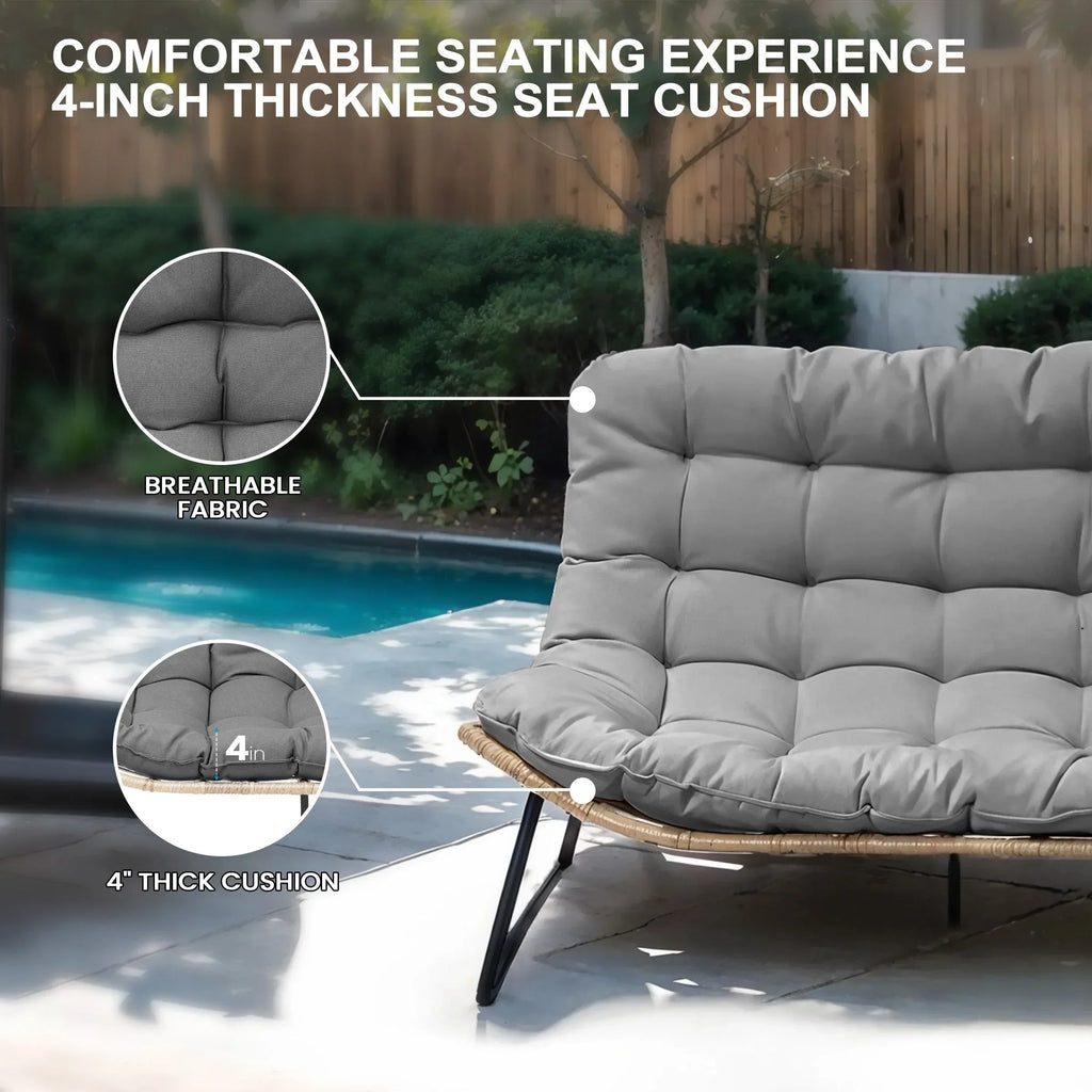 Doppelter Papasan-Sessel als Loveseat mit Kissen, wetterfestes PE-Rattan und Metallgestell für drinnen und draußen
