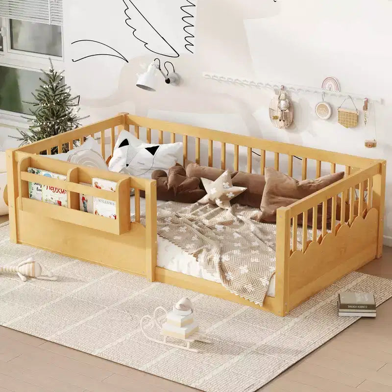 Bellemave Kinder-Bodenbett mit erhöhtem Rausfallschutz und Bücherregal, hölzernes Montessori-Einzelbettgestell für Mädchen und Jungen