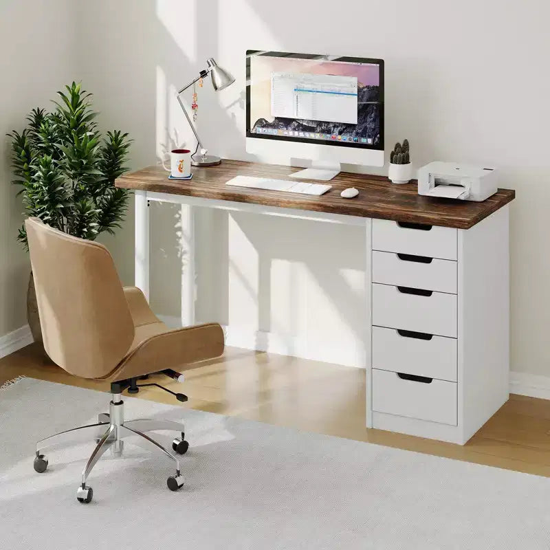 Secretária para computador de 47 polegadas com 5 gavetas de arrumação, mesa de estudo e escrita moderna de estilo rústico reversível, estação de trabalho para escritório em casa para espaços pequenos