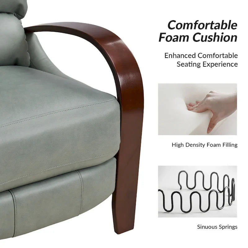Poltrona reclinável manual Alex, moderna de meados do século, em pele genuína cor de charuto, com braços curvos de madeira