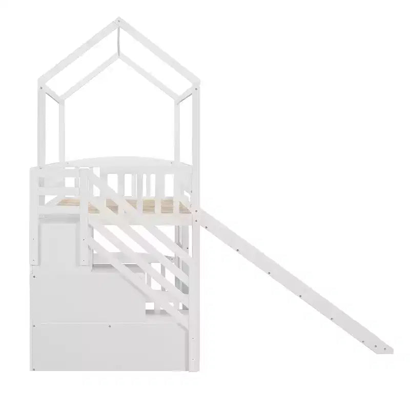 Cama alta tipo casa Twin com escorrega e escadas, cama alta com gavetas de arrumação, cama alta de madeira tipo cabana para crianças e bebés