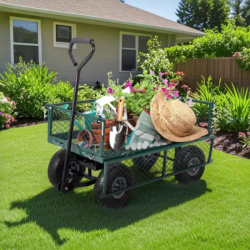 Carroça de jardim em aço resistente, 500 Lbs, carroça utilitária dobrável com laterais e revestimento em rede removíveis, 10 pneus pneumáticos, pega de puxar