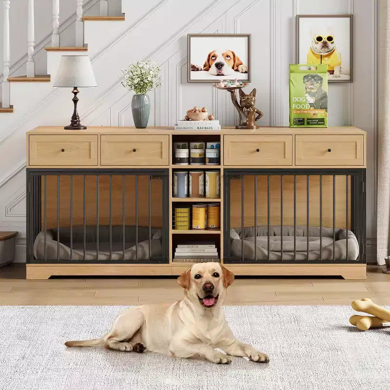 82 Casota de mobiliário para dois cães, canil grande para interior, casota de madeira resistente para 2 cães com suporte para TV, 4 gavetas e prateleiras