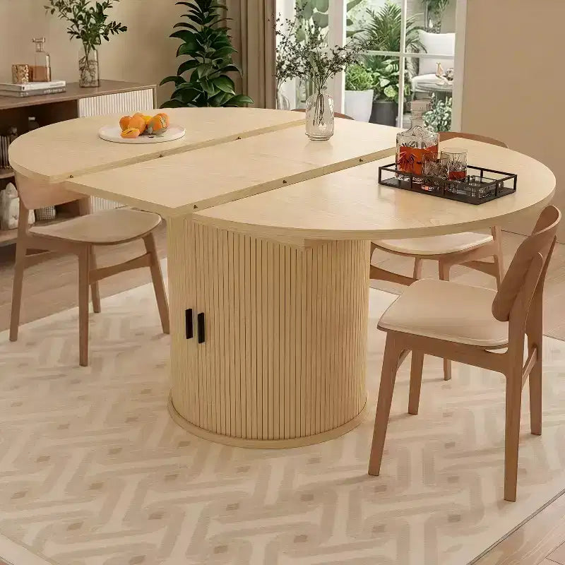 Mesa de cozinha e sala de jantar redonda extensível Dyonery 63 com prateleira de arrumação de 2 níveis, base pedestal, mobiliário de jantar em madeira oval circular, nogueira
