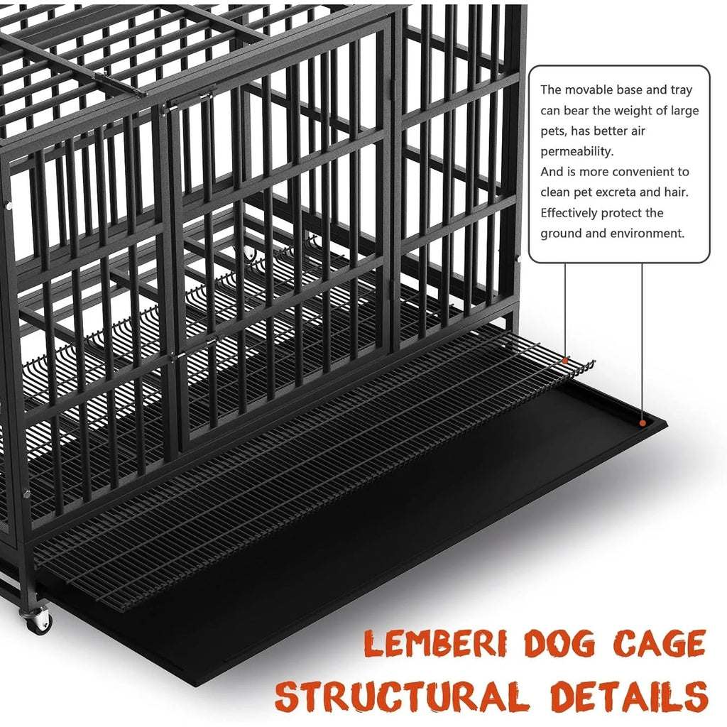 BOSSIN 48/38 inch Heavy Duty Indestructible Dog Crate, Escape Proof Dog Cage Kennel with Lockable Wheels