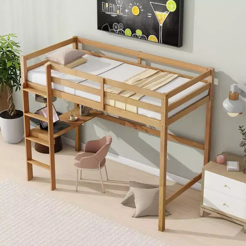 Lit mezzanine minimaliste Okak avec échelle, lit mezzanine double en bois d'hévéa avec barrière de sécurité et bureau intégré, cadres de lit pour enfants et adolescents